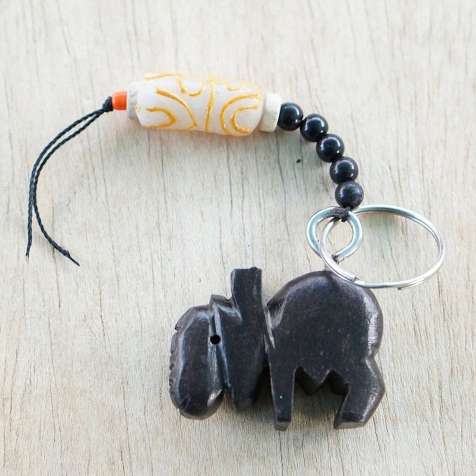 Ebony Hippo Keychain with Recycled Glass Wood Beads 'Hippo'