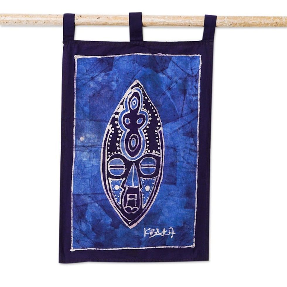 Handcrafted Blue Cotton Wall Hanging of African Mask 'Blue Visions'