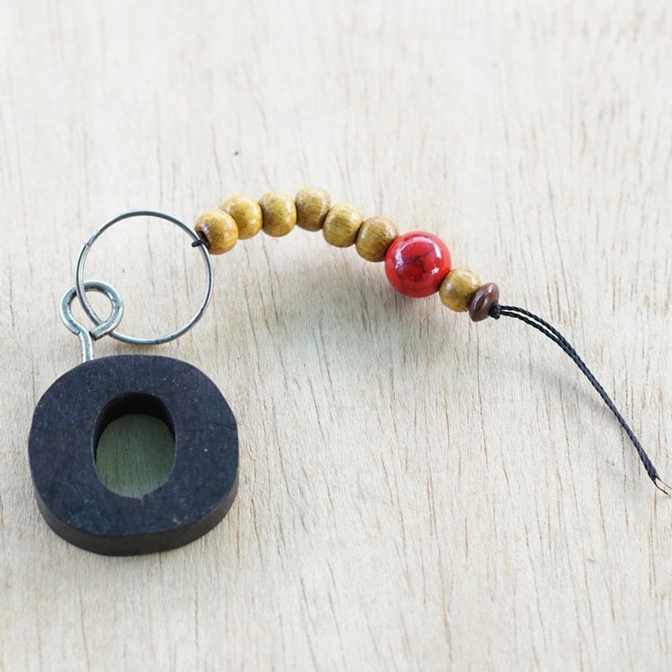 Ebony Keychain of Letter O with Recycled Glass Wood Beads 'The Letter O'