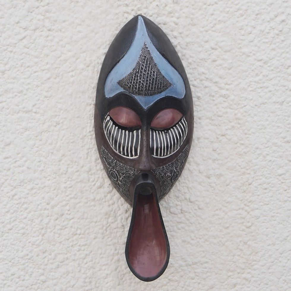 African Sese Wood Mask in Blue with Repousse Aluminum 'Ancestral Chant'