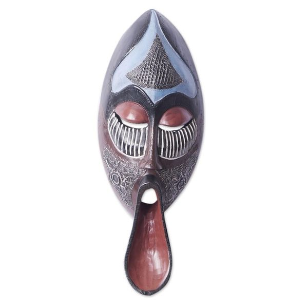 Alternate image for African Sese Wood Mask in Blue with Repousse Aluminum Ancestral Chant