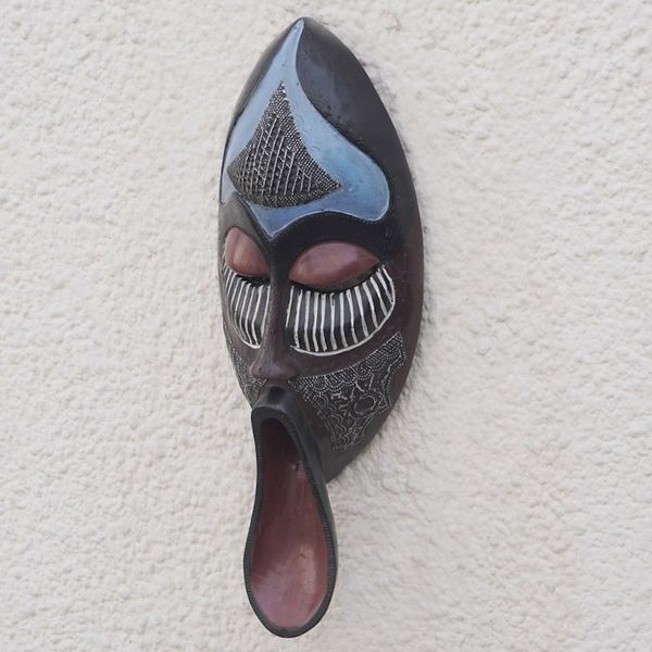 Alternate image for African Sese Wood Mask in Blue with Repousse Aluminum Ancestral Chant