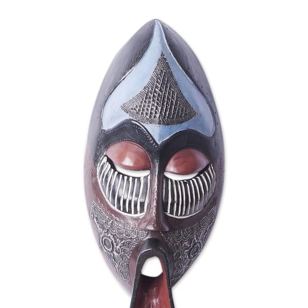 Alternate image for African Sese Wood Mask in Blue with Repousse Aluminum Ancestral Chant