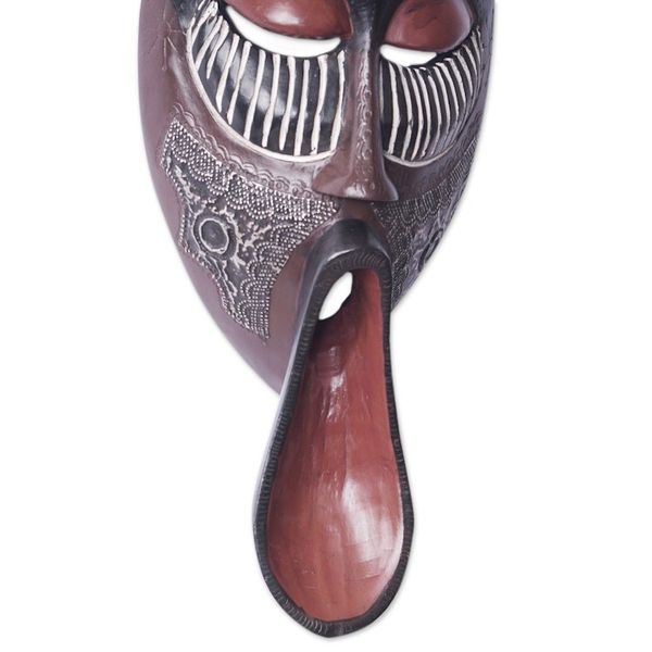 Alternate image for African Sese Wood Mask in Blue with Repousse Aluminum Ancestral Chant