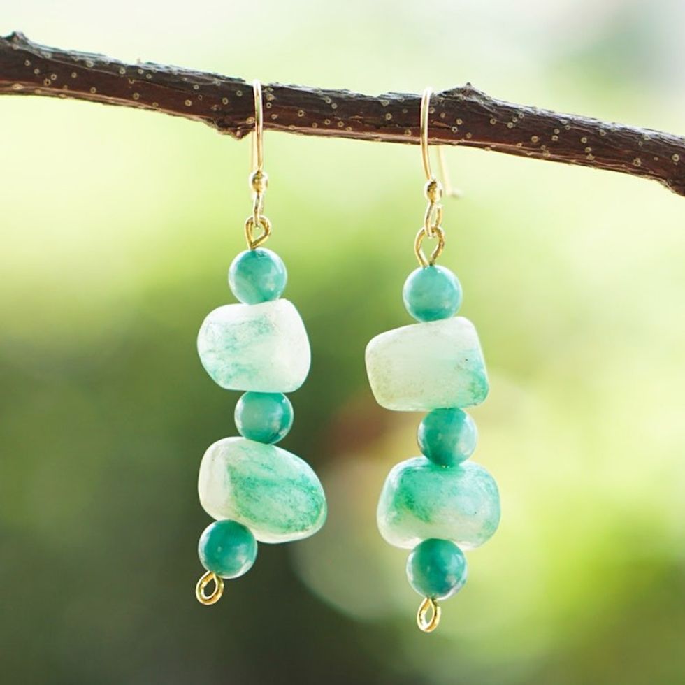 Green Agate and Recycled Glass Beaded Dangle Earrings 'Justice Charm'
