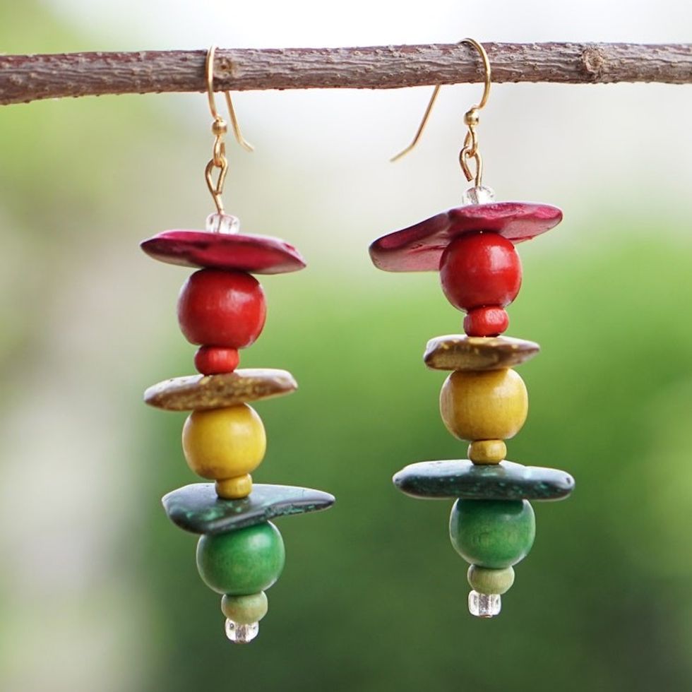 Handcrafted Coconut Shell and Wood Beaded Dangle Earrings 'Lights of Joy'