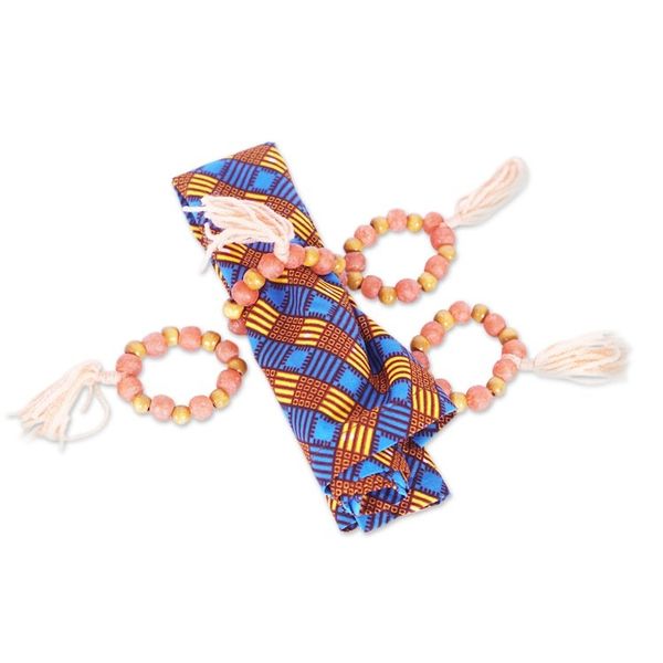 Alternate image for 4 Wood and Recycled Glass Beaded Napkin Rings with Tassels Ghanaian Hospitality