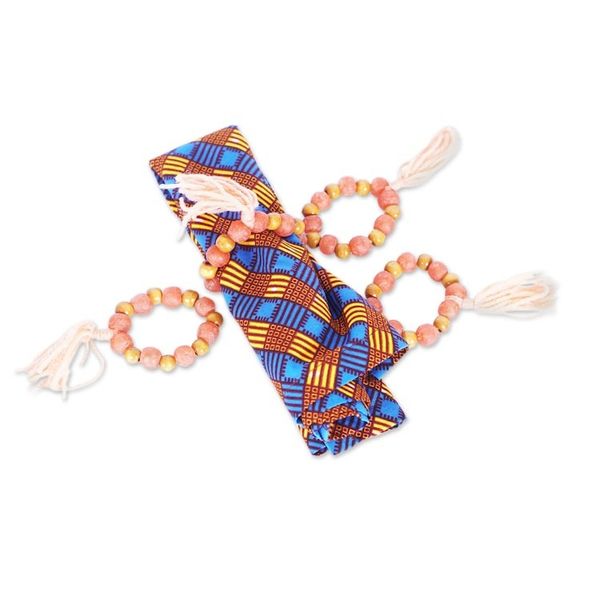 Alternate image for 4 Wood and Recycled Glass Beaded Napkin Rings with Tassels Ghanaian Hospitality