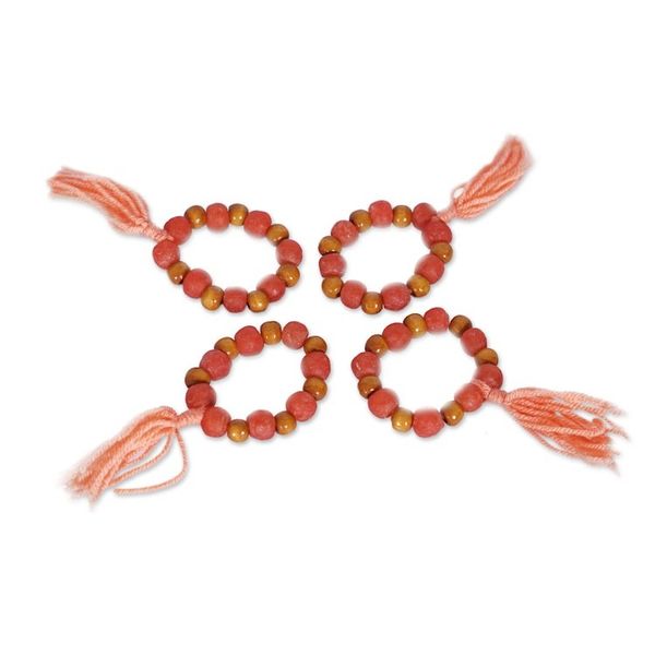 Alternate image for 4 Wood and Recycled Glass Beaded Napkin Rings with Tassels Ghanaian Hospitality