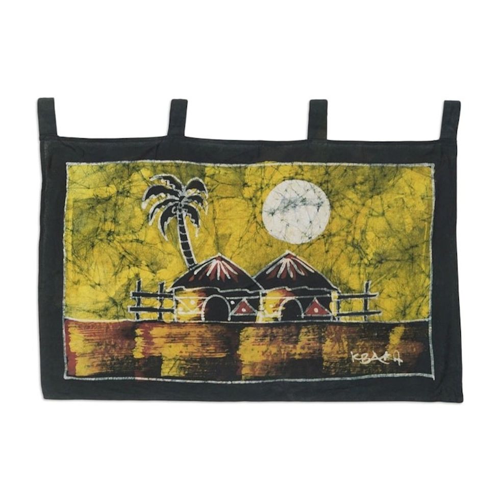 Batik Cotton Wall Hanging with Village Scene 'Aklowa by Day'