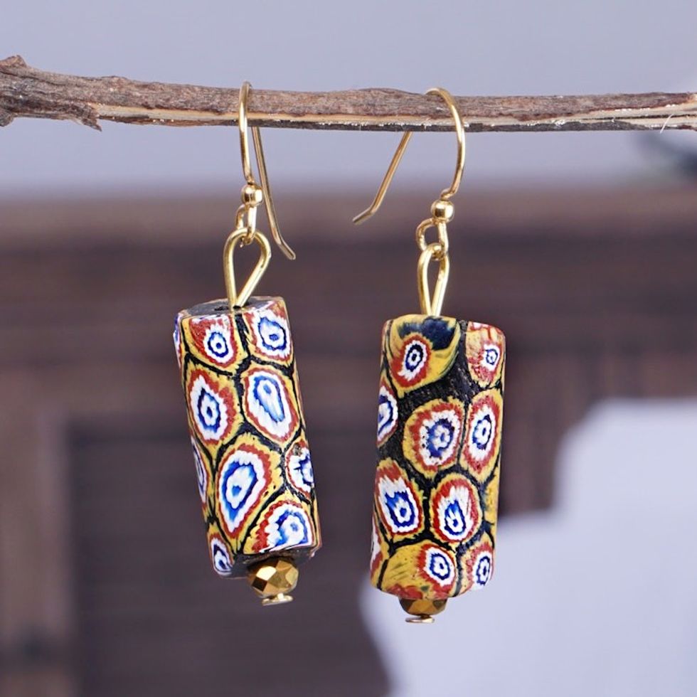 Bohemian Recycled Glass Beaded Dangle Earrings from Ghana 'Precious Party'