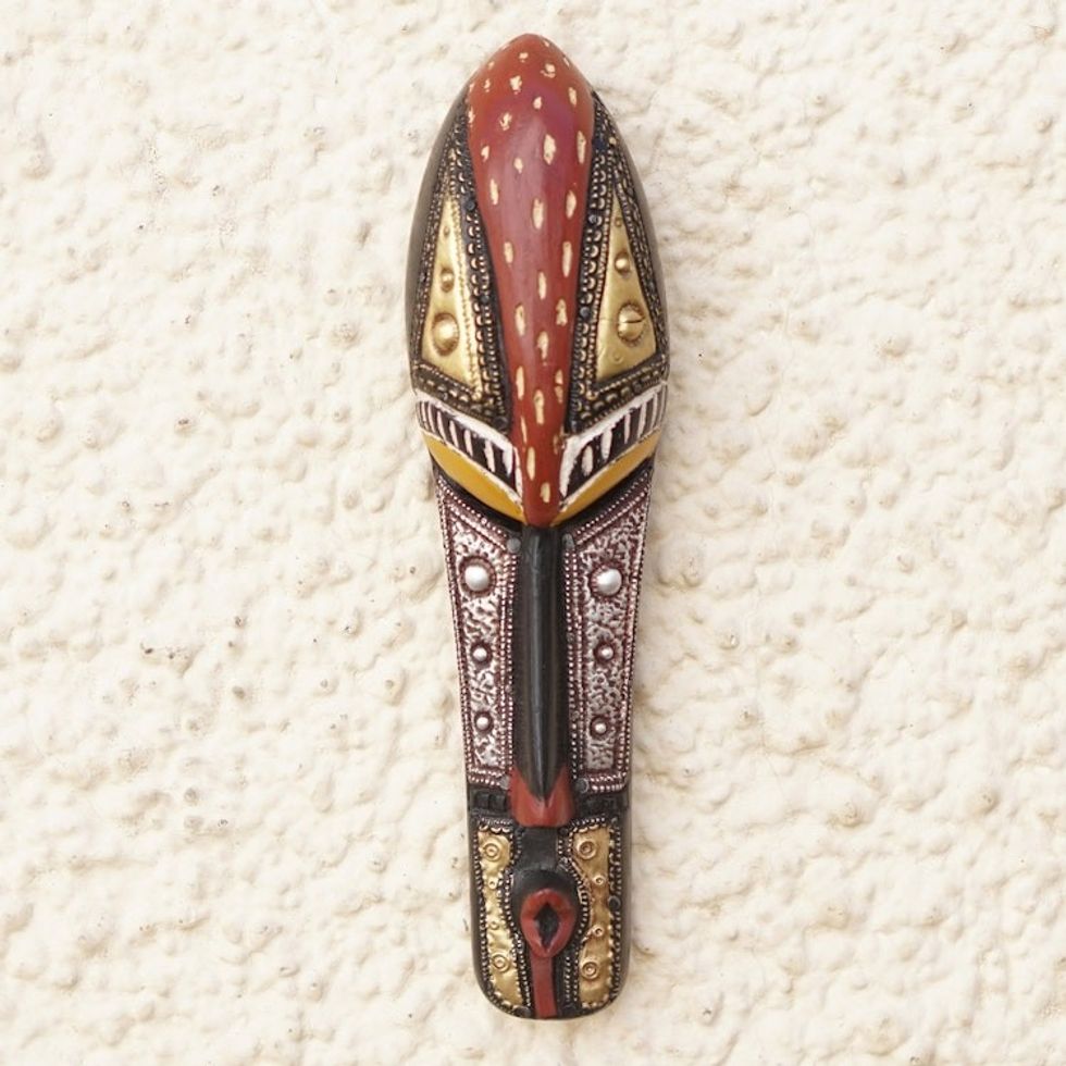 African Sese Wood Mask with Aluminum and Brass Accents 'Vivacious Facet'