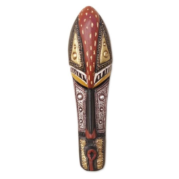 Alternate image for African Sese Wood Mask with Aluminum and Brass Accents Vivacious Facet