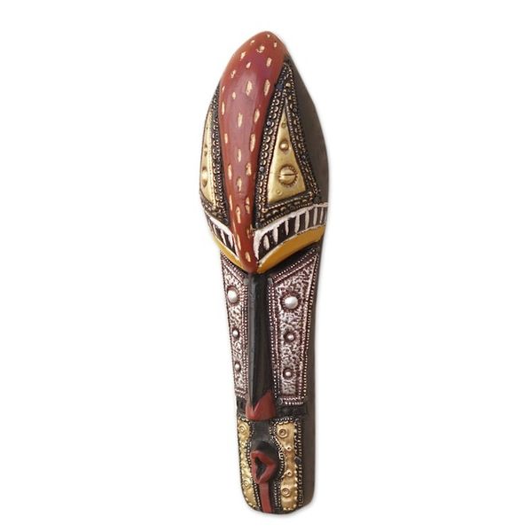 Alternate image for African Sese Wood Mask with Aluminum and Brass Accents Vivacious Facet