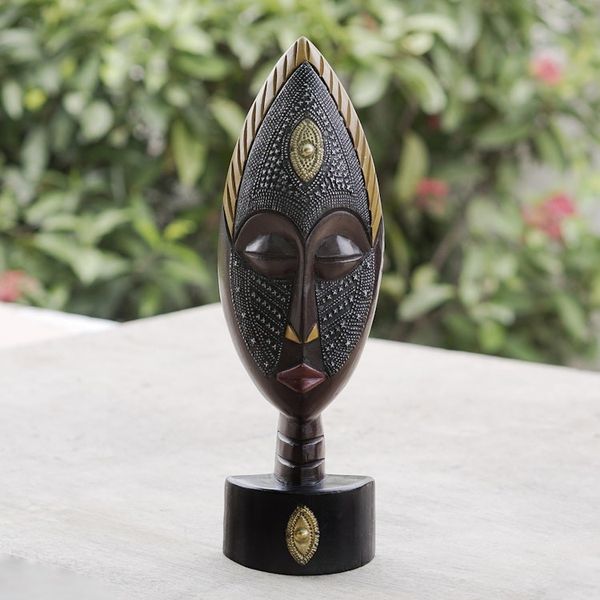 Alternate image for Artisan Crafted African Wood Mask with Brass and Aluminum Future King