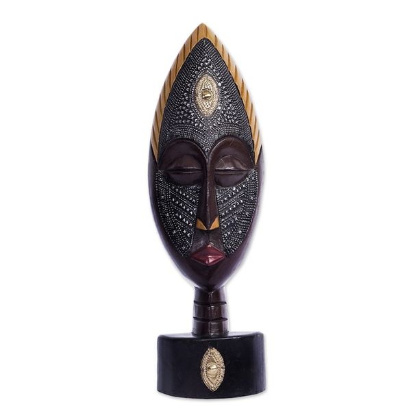 Alternate image for Artisan Crafted African Wood Mask with Brass and Aluminum Future King