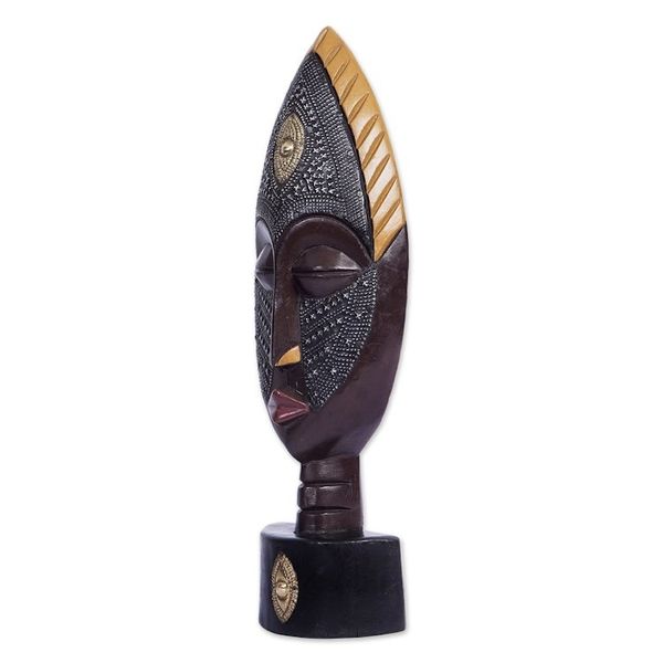 Alternate image for Artisan Crafted African Wood Mask with Brass and Aluminum Future King