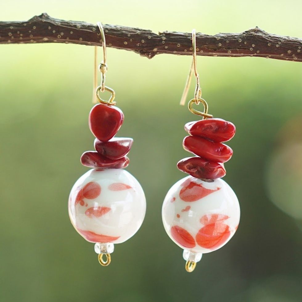 Red and White Recycled Glass Beaded Dangle Earrings 'Devotion Planet'