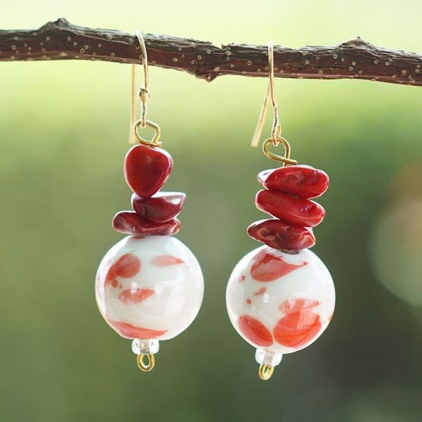 Alternate image for Red and White Recycled Glass Beaded Dangle Earrings Devotion Planet