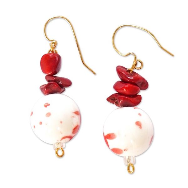 Alternate image for Red and White Recycled Glass Beaded Dangle Earrings Devotion Planet