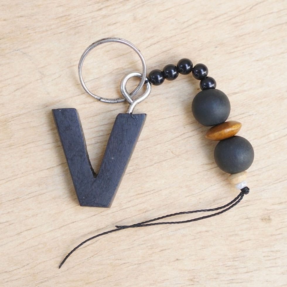 Eco-Friendly Ebony Letter V Keychain with Wood Beads 'The Letter V'