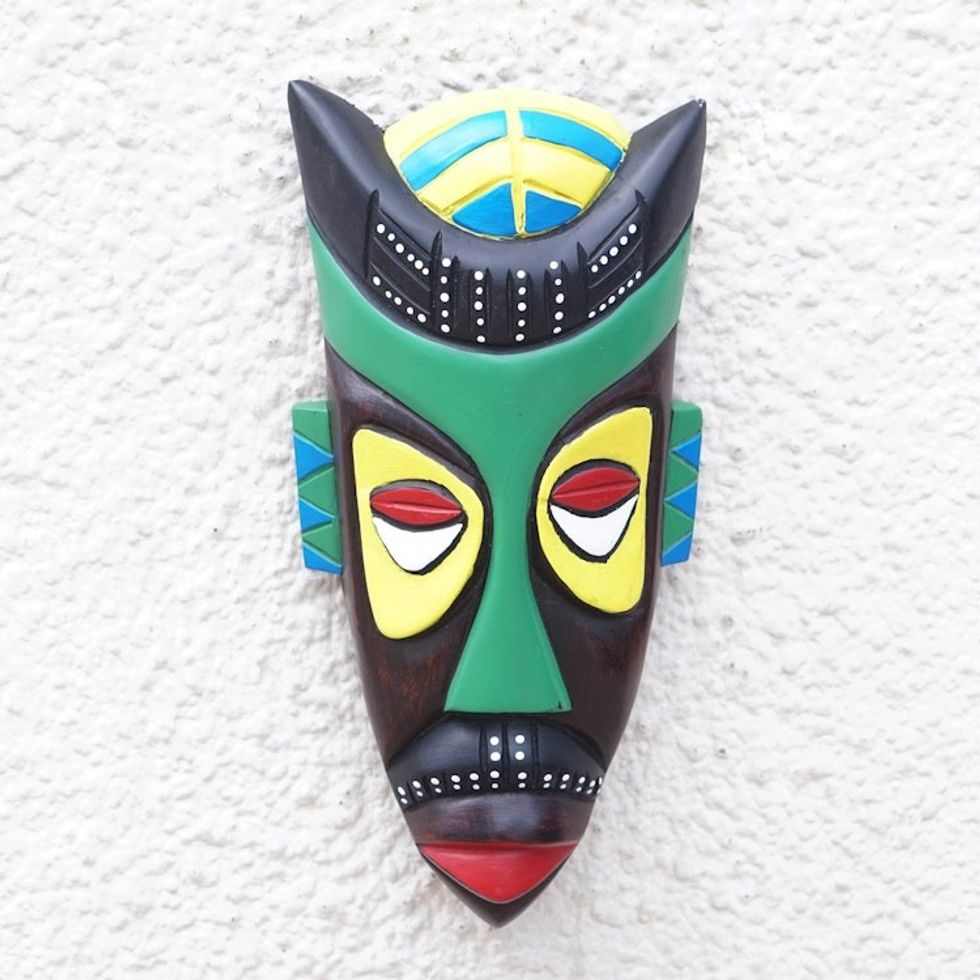 Hand-Painted African Wood Mask in Black Green Yellow Red 'Omnipresence'