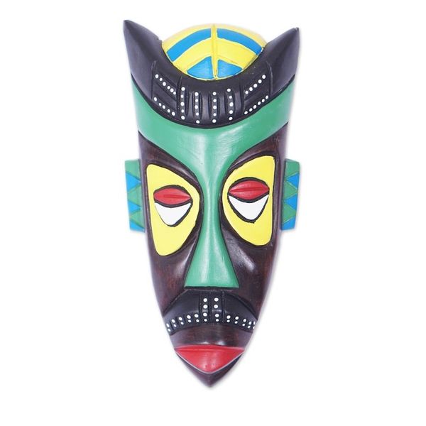 Alternate image for Hand-Painted African Wood Mask in Black Green Yellow Red Omnipresence