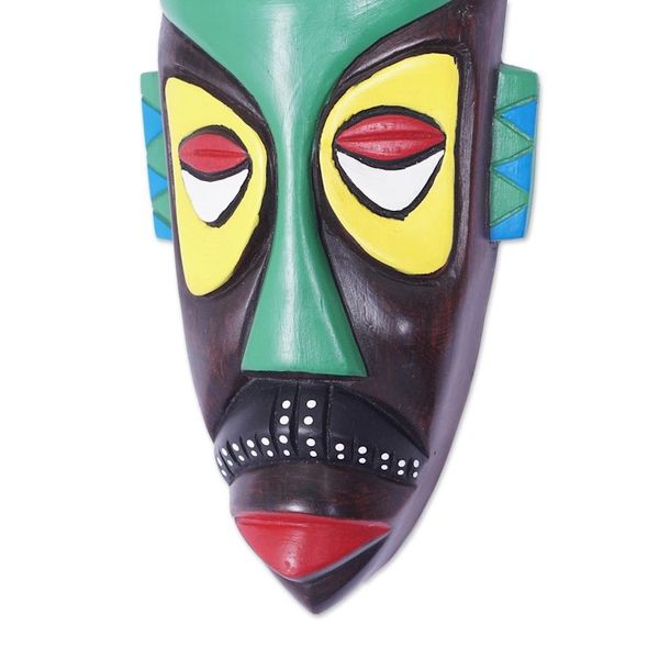 Alternate image for Hand-Painted African Wood Mask in Black Green Yellow Red Omnipresence