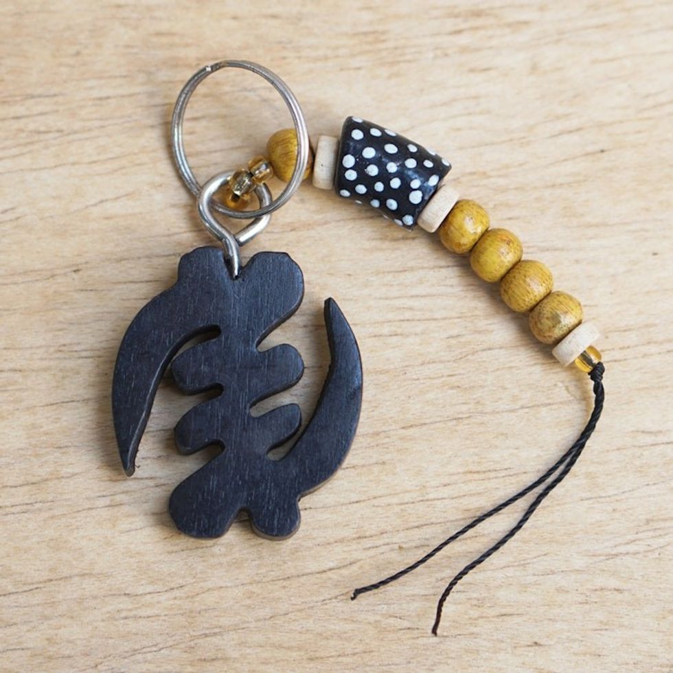 Ebony Gye Nyame Keychain with Recycled Glass and Wood Beads 'Symbol'