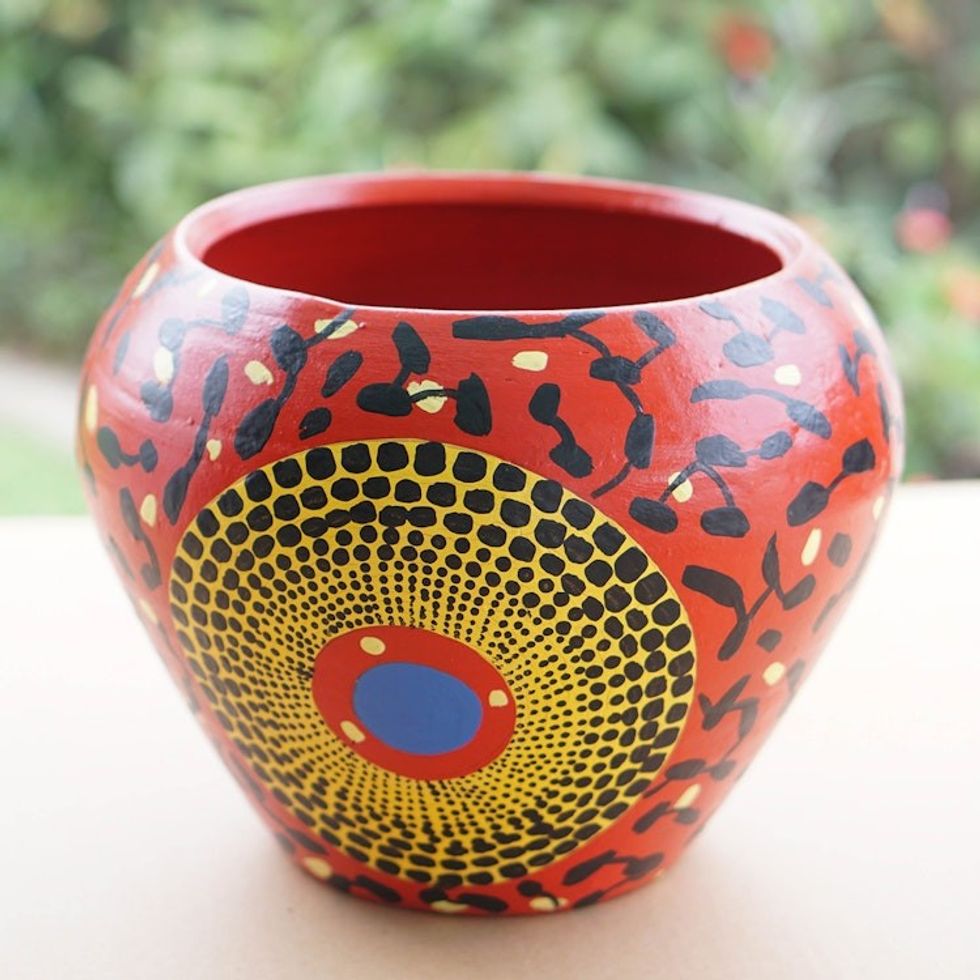 Colorful Ceramic Decorative Flower Pot Hand-Painted in Ghana 'Rocky Red'