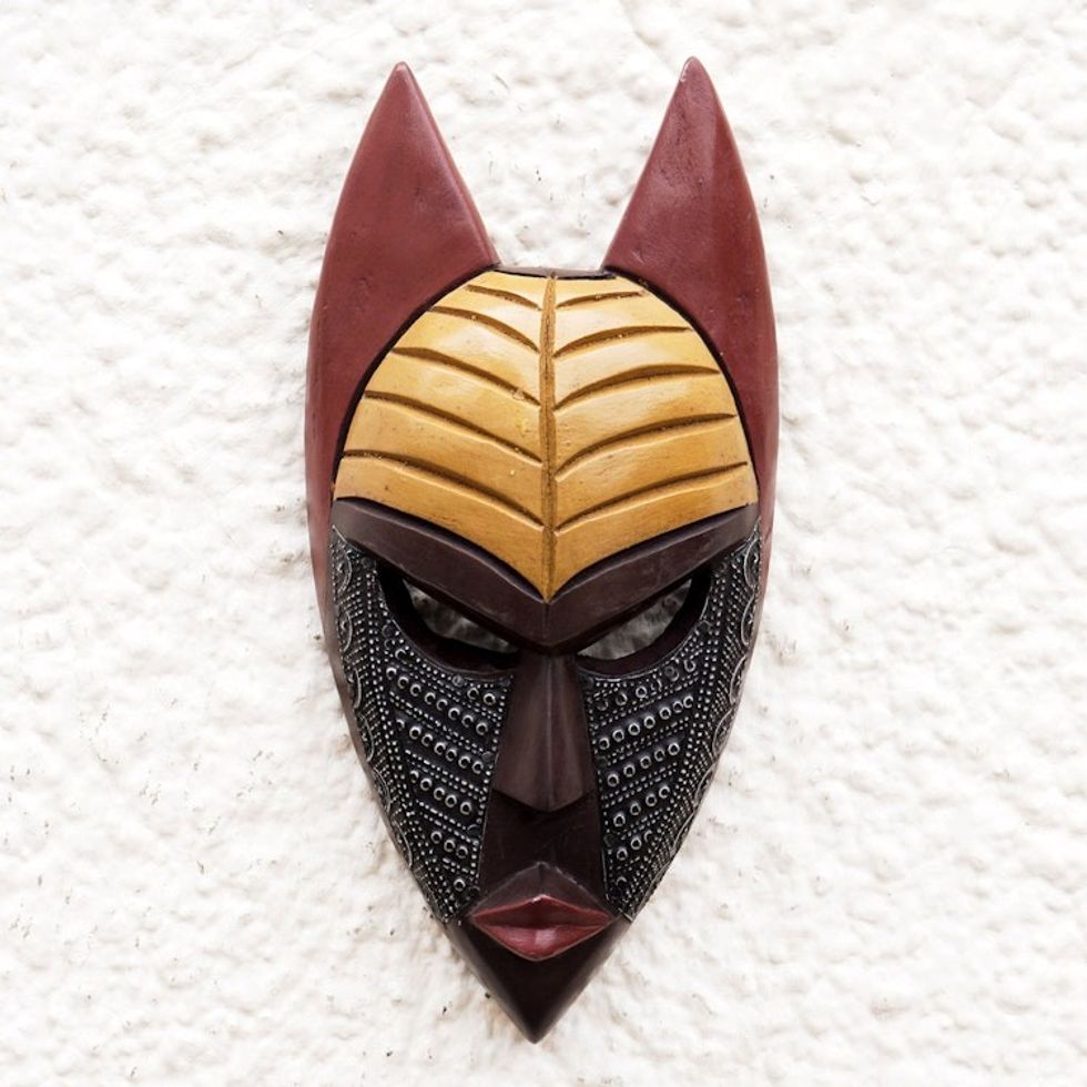African Wood and Aluminum Mask Handcrafted in Ghana 'Ancestral Bat'