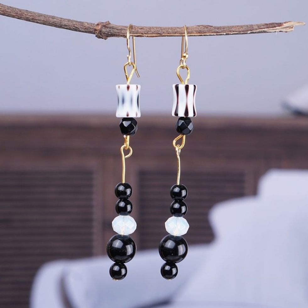 Black and White Plastic and Glass Beaded Dangle Earrings 'Luxurious Illusion'