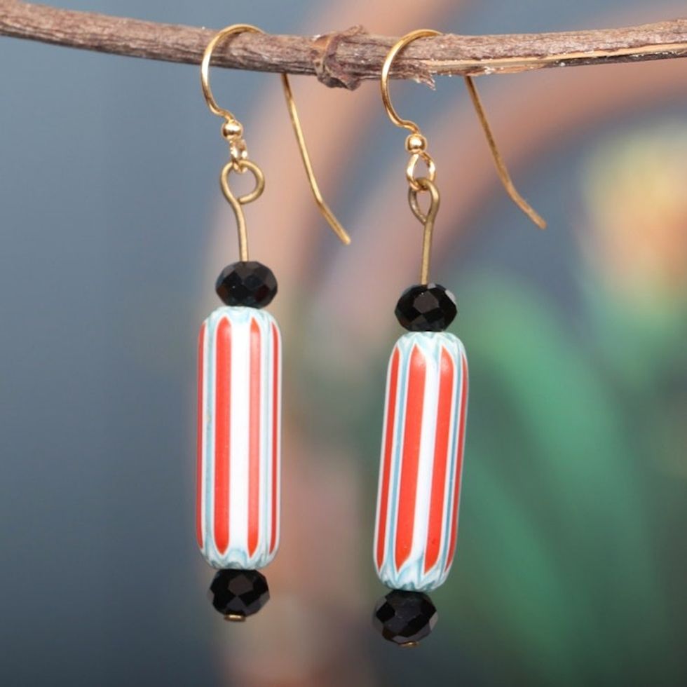 Eco-Friendly Striped Red and White Beaded Dangle Earrings 'Red Route'