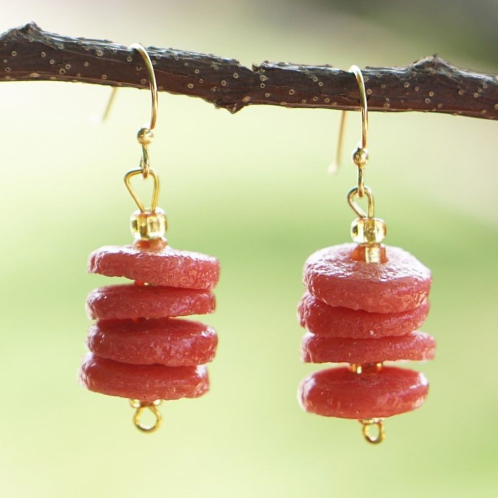 Red Recycled Glass Beaded Dangle Earrings with Brass Hooks 'Fire Warrior'