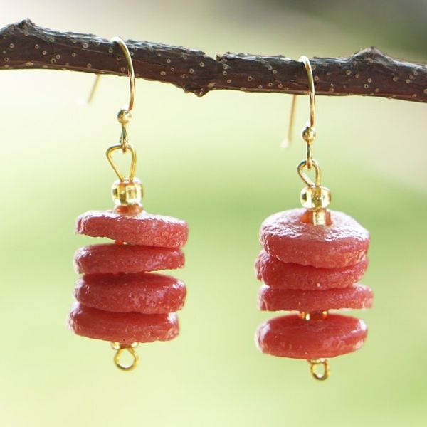 Alternate image for Red Recycled Glass Beaded Dangle Earrings with Brass Hooks Fire Warrior