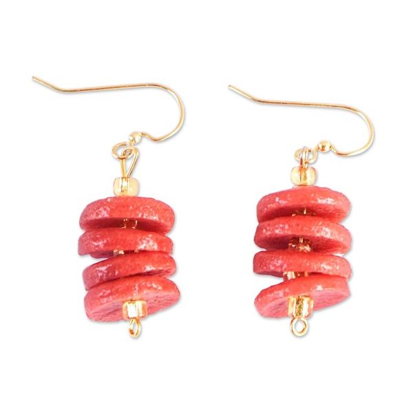 Alternate image for Red Recycled Glass Beaded Dangle Earrings with Brass Hooks Fire Warrior