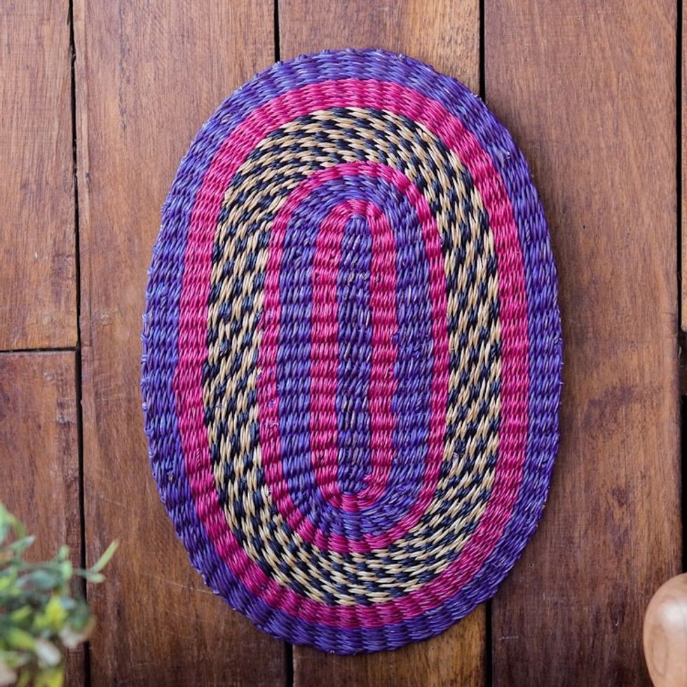 Handwoven Oval Cerise and Sapphire Raffia Wall Art 'Queen's Happiness II'