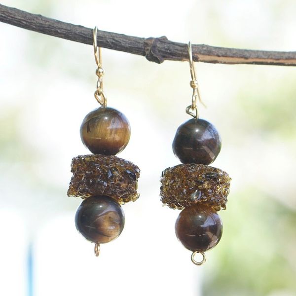 Alternate image for Tigers Eye and Recycled Glass Beaded Dangle Earrings Ntoboase Ye