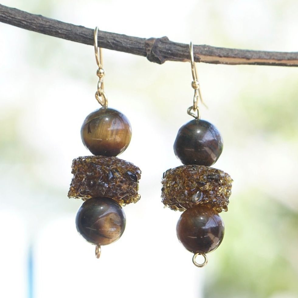 Tiger's Eye and Recycled Glass Beaded Dangle Earrings 'Ntoboase Ye'