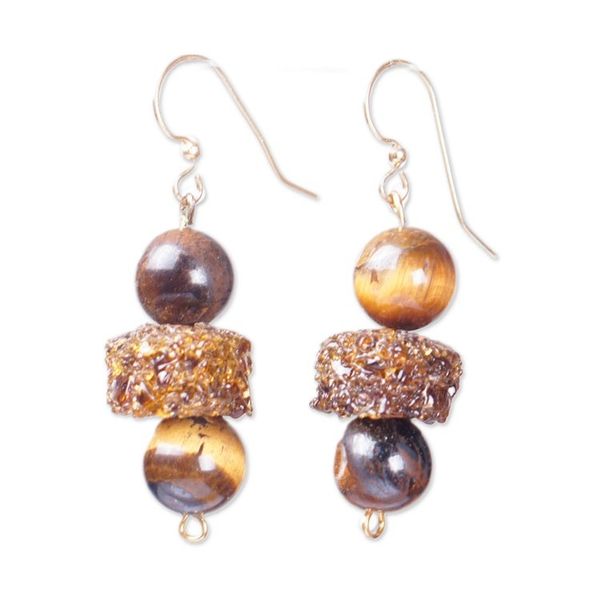 Alternate image for Tigers Eye and Recycled Glass Beaded Dangle Earrings Ntoboase Ye