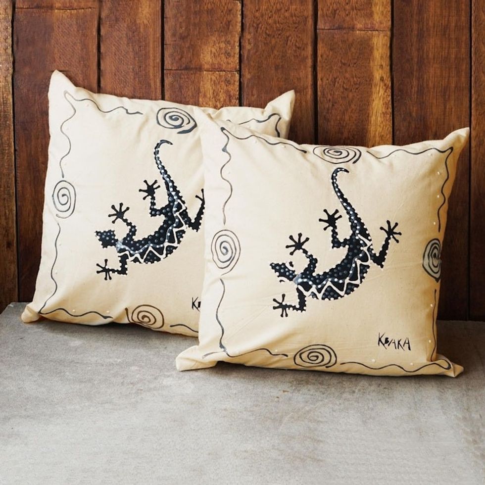 Lizard-Themed Cotton Cushion Covers Pair 'Slithering'