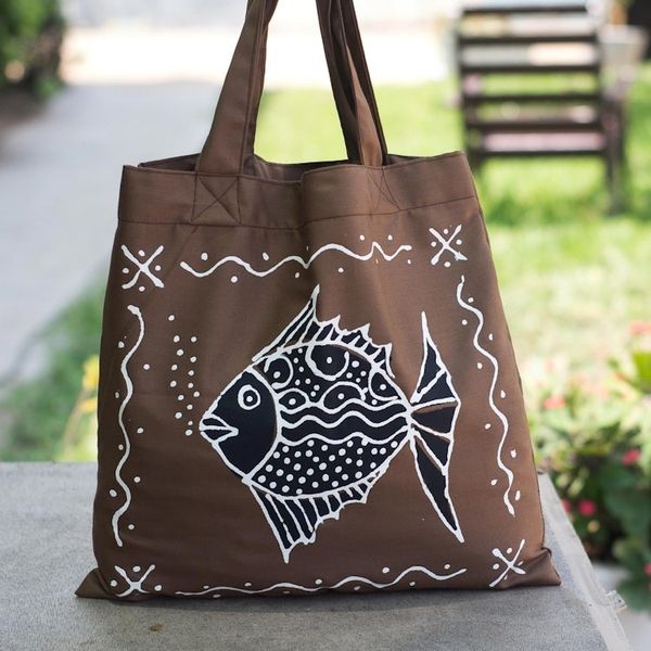 Alternate image for Brown Cotton Fish-Motif Tote Bag Blowing Bubbles in Brown
