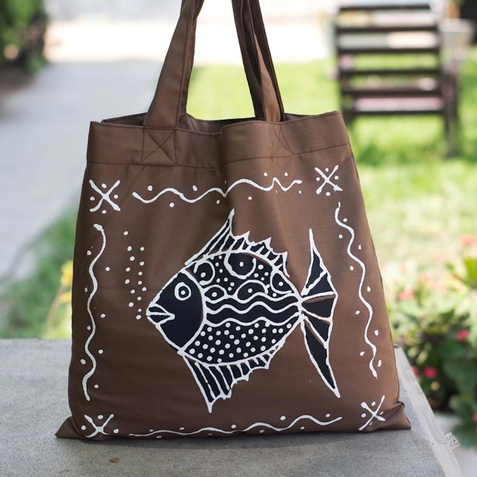 Brown Cotton Fish-Motif Tote Bag 'Blowing Bubbles in Brown'