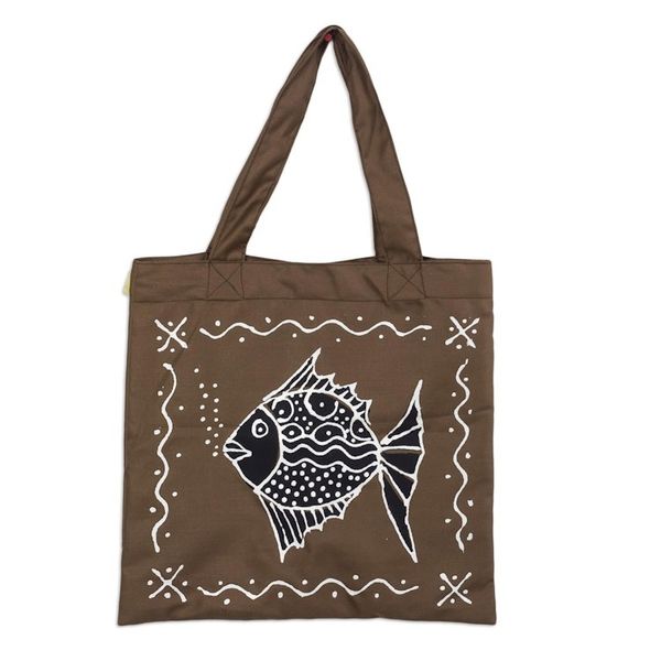 Alternate image for Brown Cotton Fish-Motif Tote Bag Blowing Bubbles in Brown