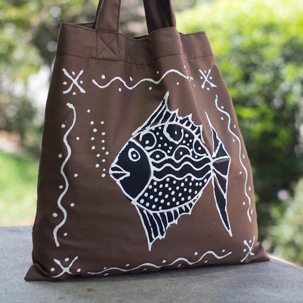 Alternate image for Brown Cotton Fish-Motif Tote Bag Blowing Bubbles in Brown