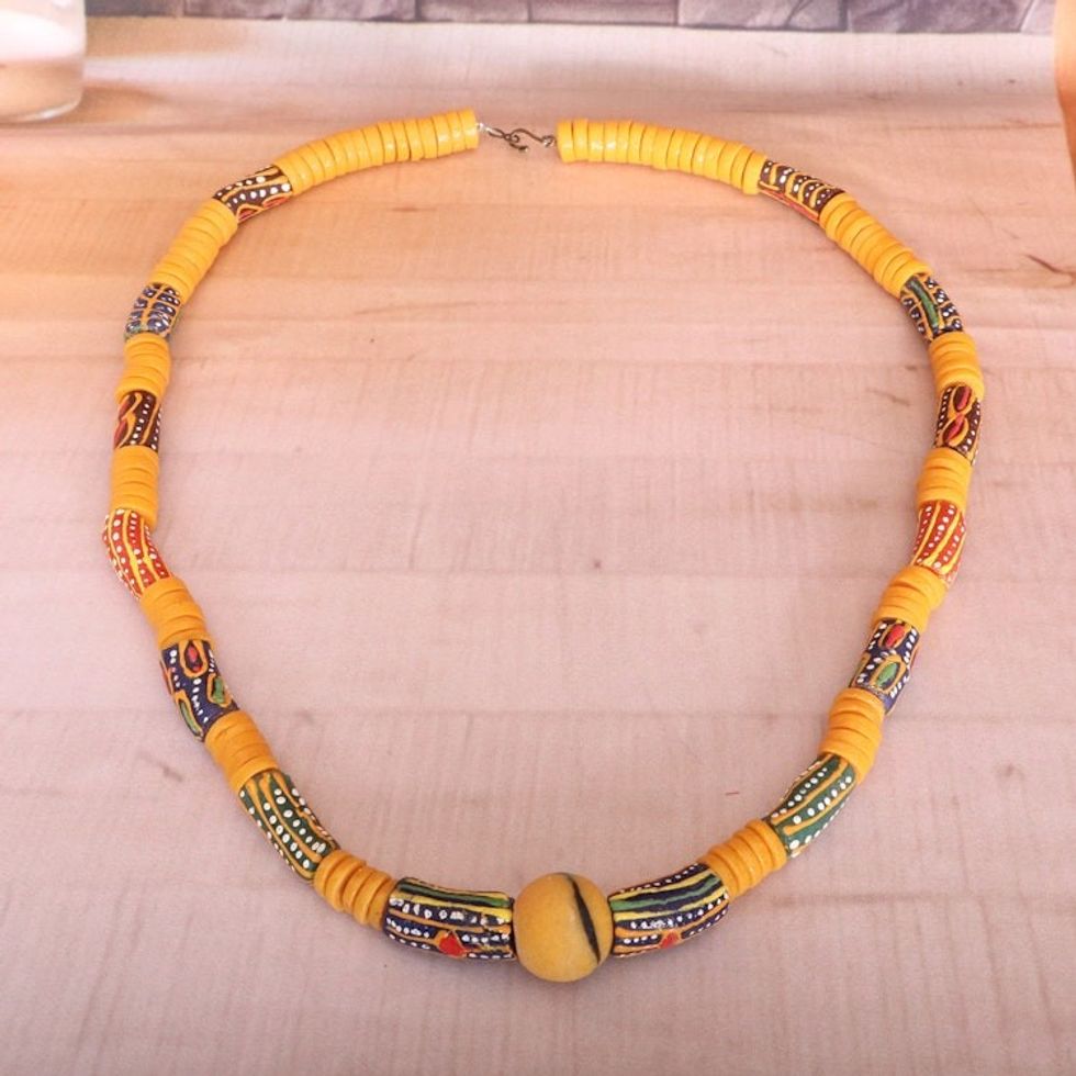 Eco-Friendly Recycled Glass Beaded Long Necklace in Yellow 'Lively Look'