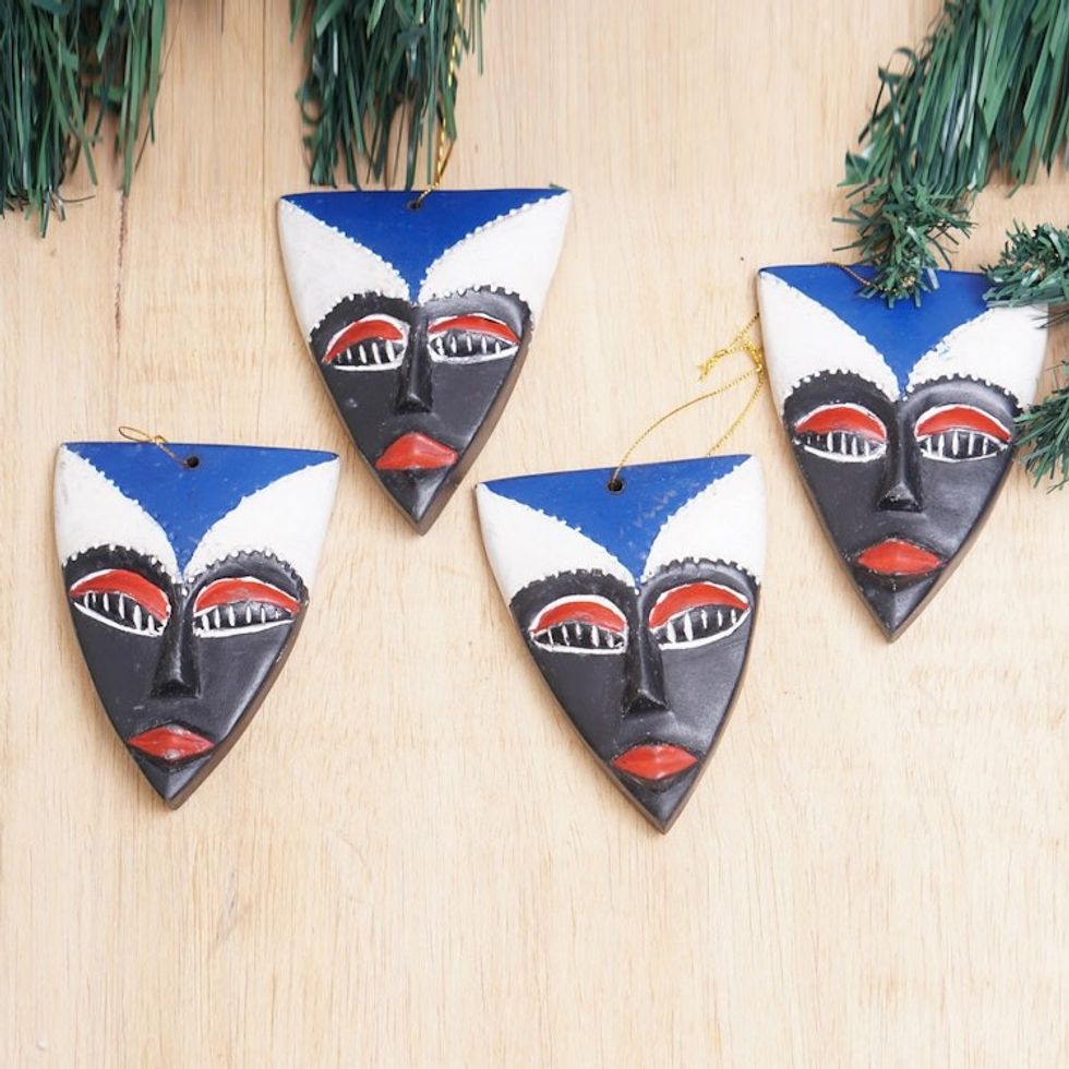Set of 4 Hand-Painted Triangular Blue Sese Wood Ornaments 'Sofo Spirit'