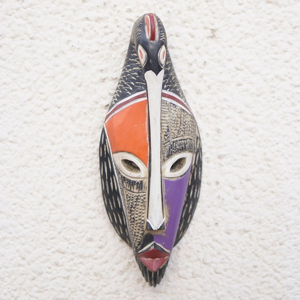 Hand-Painted African Sese Wood Mask with Aluminum Accents 'Sankofa Icon'