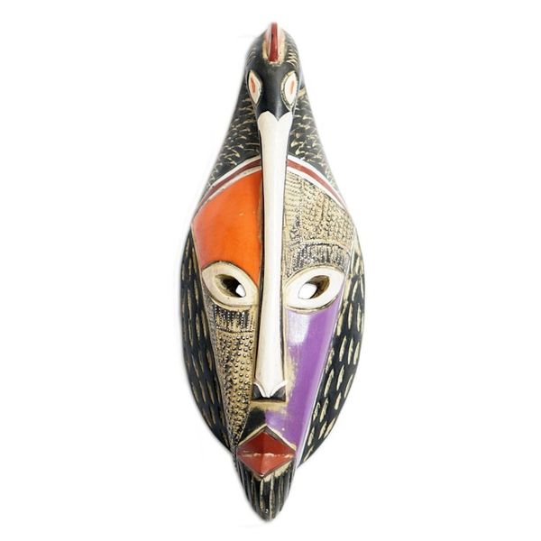Alternate image for Hand-Painted African Sese Wood Mask with Aluminum Accents Sankofa Icon