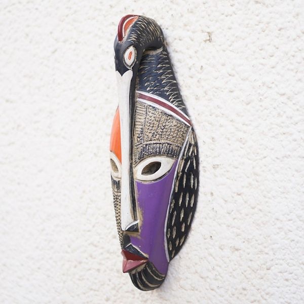 Alternate image for Hand-Painted African Sese Wood Mask with Aluminum Accents Sankofa Icon